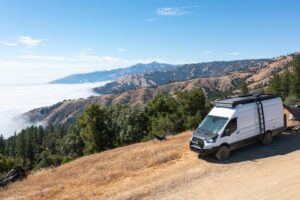 Converted Ford Transit overlooking valley