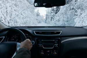 car drives in the snow